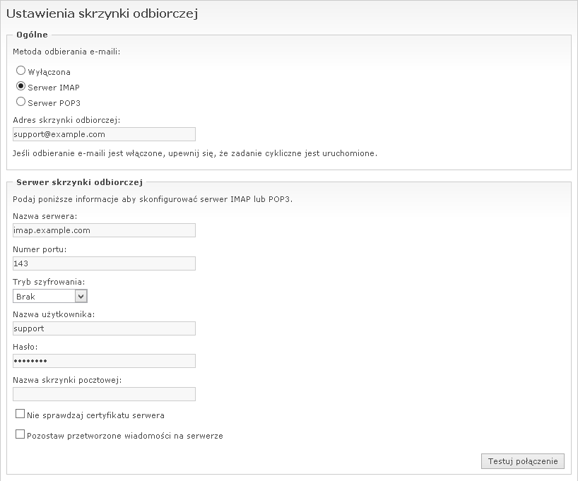 Ustawienia skrzynki odbiorczej