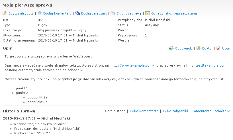 Szczegóły utworzonej sprawy