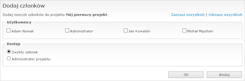 Dodawanie członków projektu